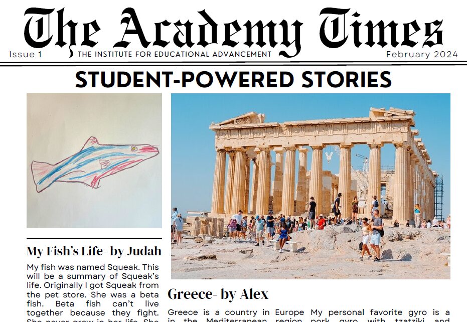 The top of The Academy Times Issue 1, featuring 2 stories by Judah and Alex, Judah's drawing, and a photo