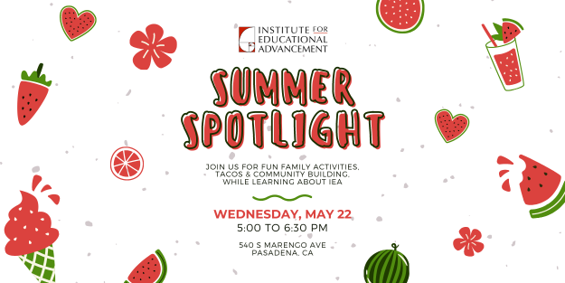 invitation for Summer Spotlight with red and green fruit flowers, and ice cream illustrations