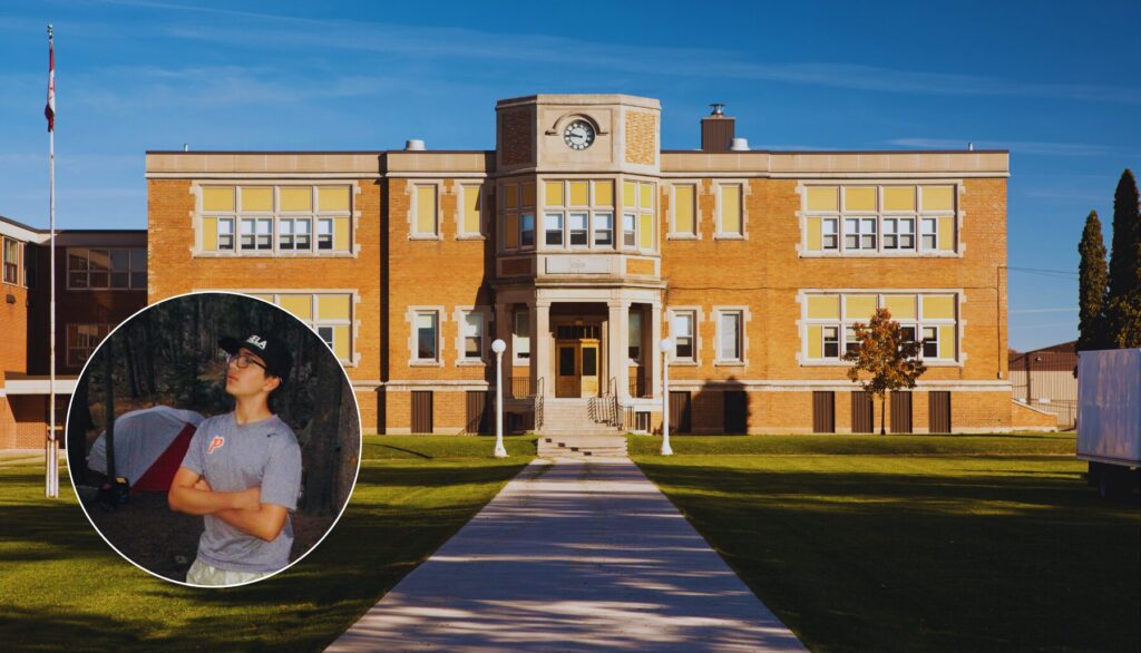 classic two story high school building made of bricks with headshot of Santiago in the lower left