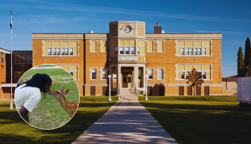 classic two story high school building made of bricks with headshot of Daryn in the lower left